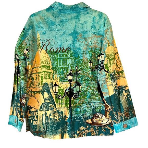 Jane Ashley Rome Button-Up Shirt Jacket Italy 1X Landmarks Streetlamps Europe - Picture 2 of 13